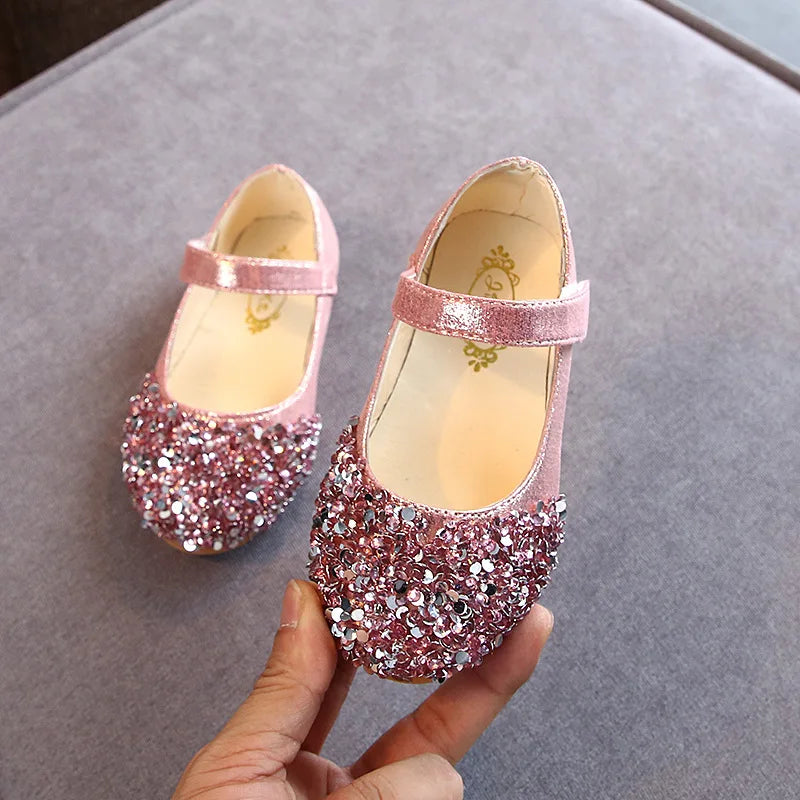 Spring and Autumn 2023 Girls' Sandals Low Heel Shallow Cut Sequin Princess Shoes Flat Shoes Pearl Decorative Kids' Shoes