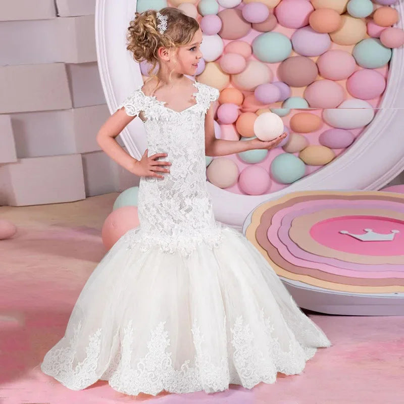 Baby Flower Girl Dress Kids Lace Long EveningGown Bridesmade Prom Mermaid Frocks