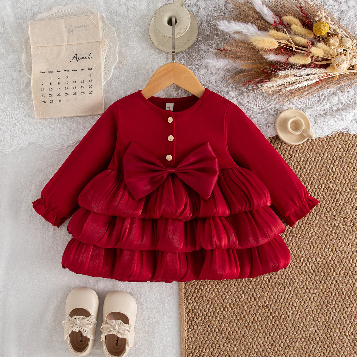 Sasha Spring And Autumn New Red Bow Baby Girl Dress