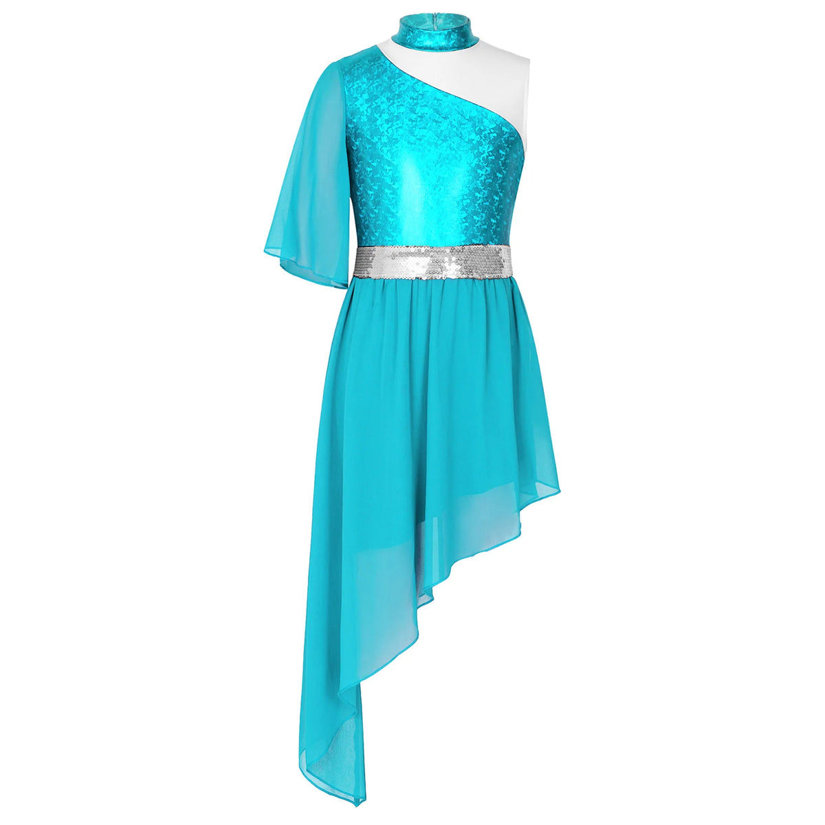 Kids Girls Lyrical Contemporary Worship Liturgical Praise Dance Dress Flare Sleeve Sequin Splice Dress Performance Costume