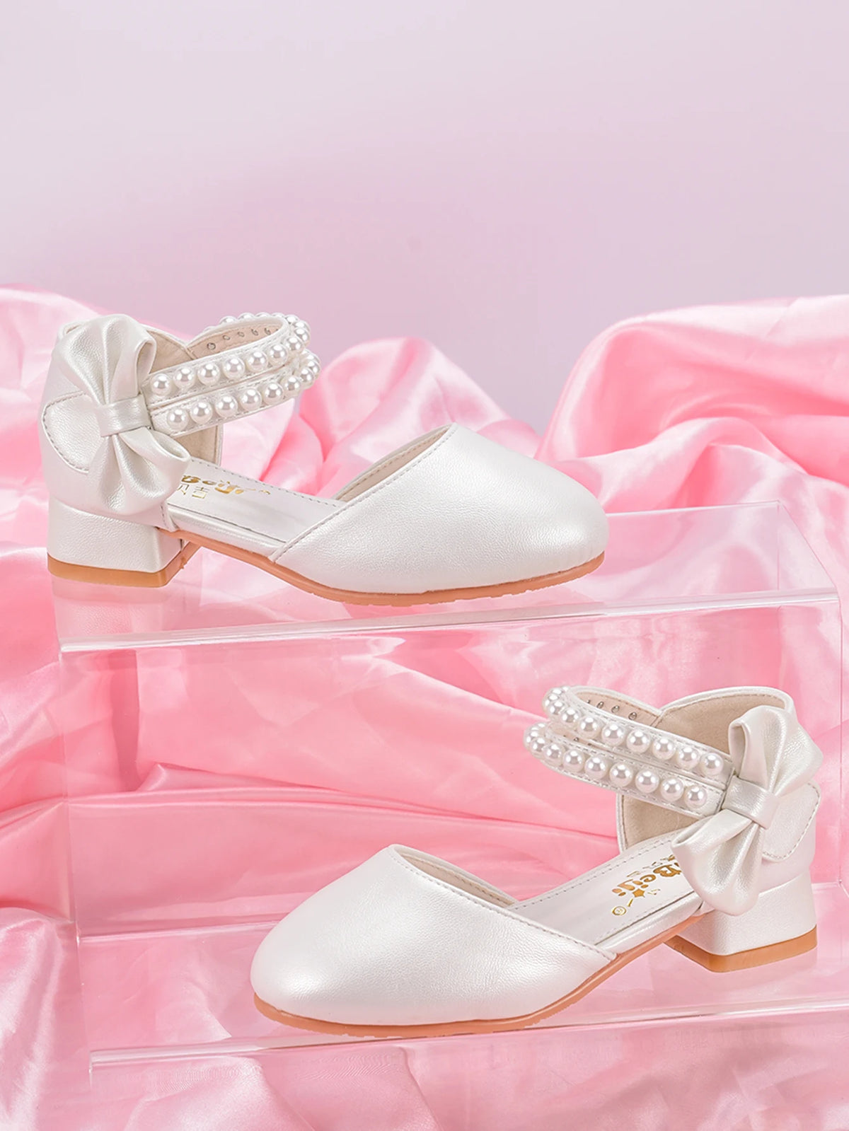 Children's Princess Shoes For Girls, Spring/Summer White Shoes With High Heels And Pearls For Big Kids