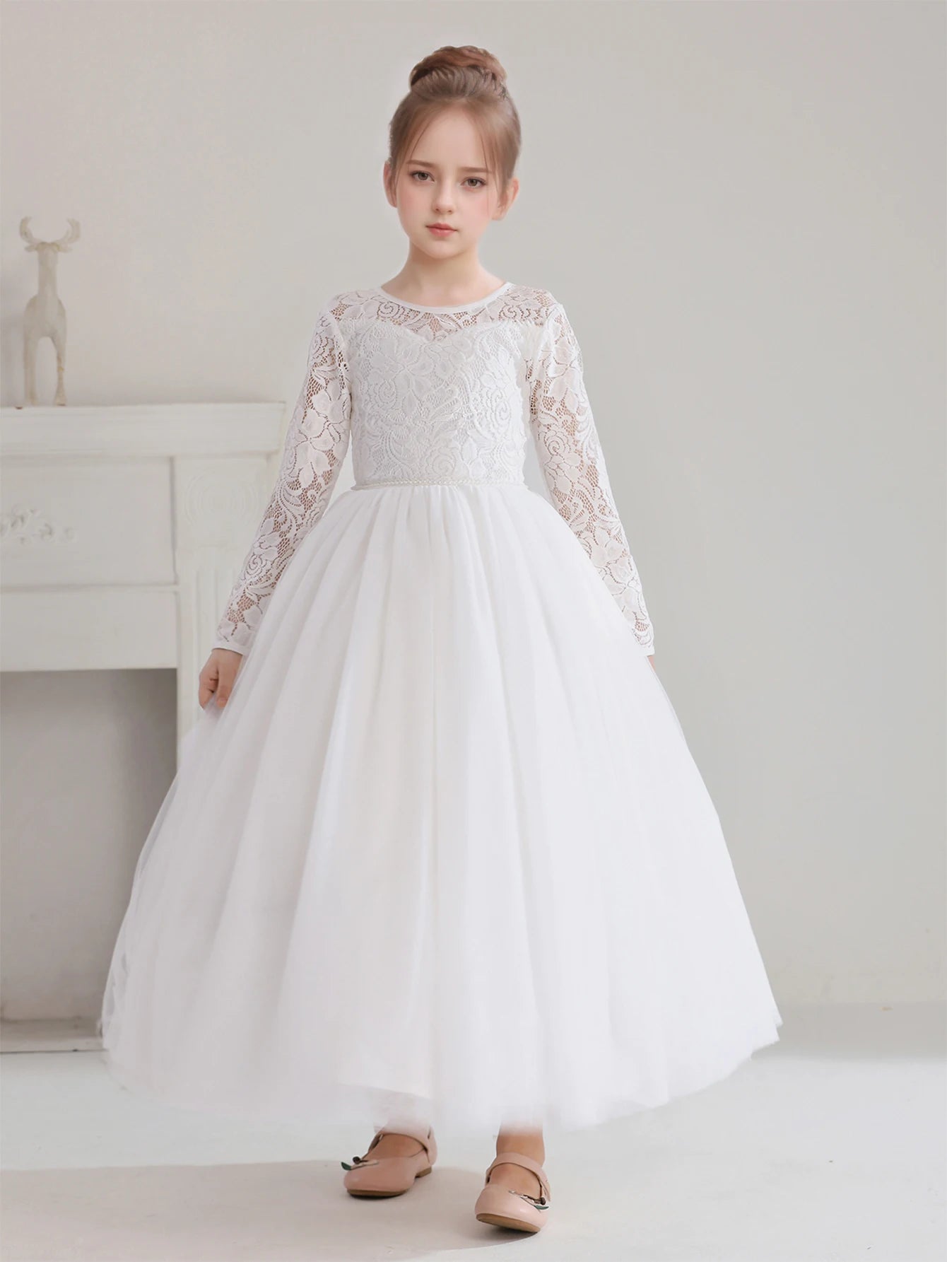 Girls' Teenage Long Sleeve Lace Dress Wedding White Bridesmaid  Gown Long Dress