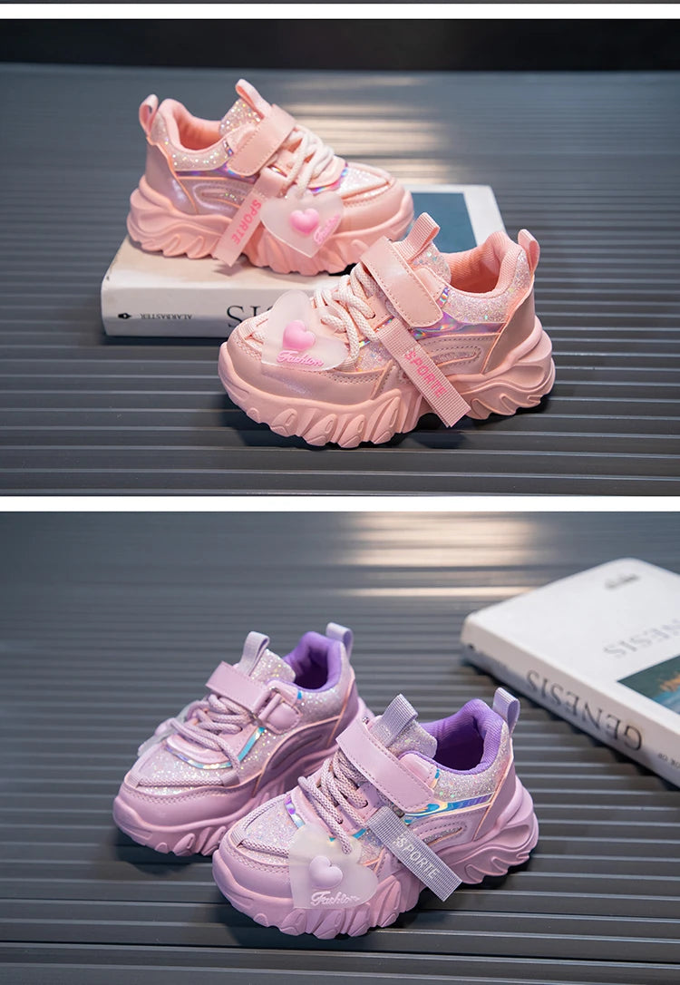 Girls Sports Shoes Kids Running Sneakers for School Fashion Cute Shiny Non-slip Children's