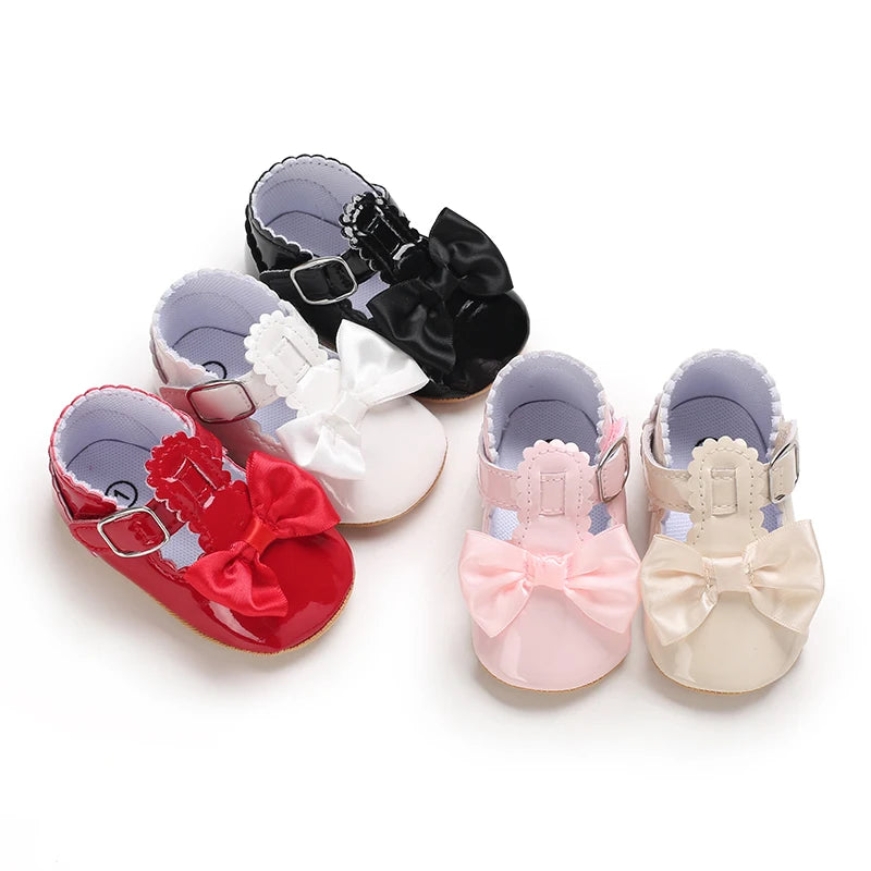 Baby Girls Shoes Classic Bowknot Rubber Sole Anti-slip PU Girls Dress Shoes