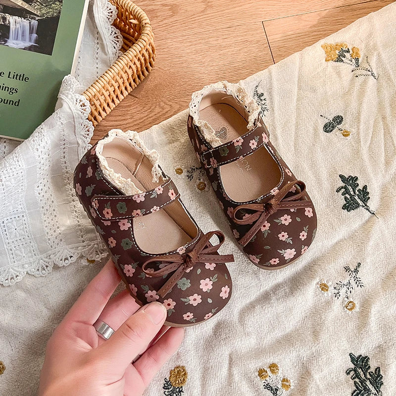 Spring Girl's Princess Shoes Floral Adorable Versatile Kids Flat Shoe Round Toe Soft Comfy Trendy Children Mary Janes 21-32