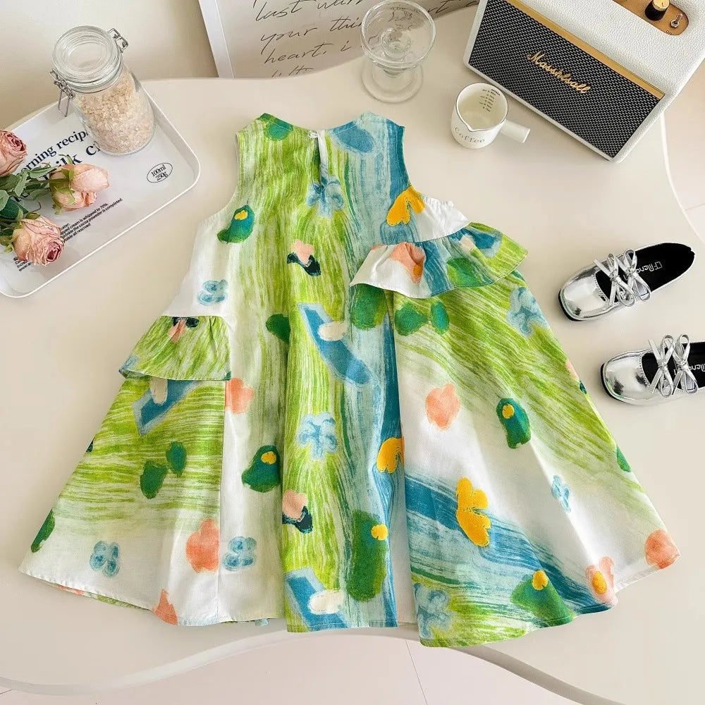 Girls Casual Dresses Flower Printing Ruffled Sleeveless Casual Dress