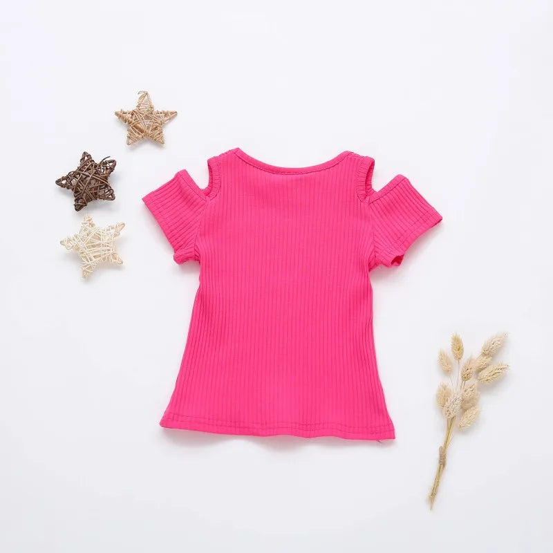 Marta Cotton Sleeve O-Neck Solid Elastic Shirt Off-Shoulder Cute Kids Baby
