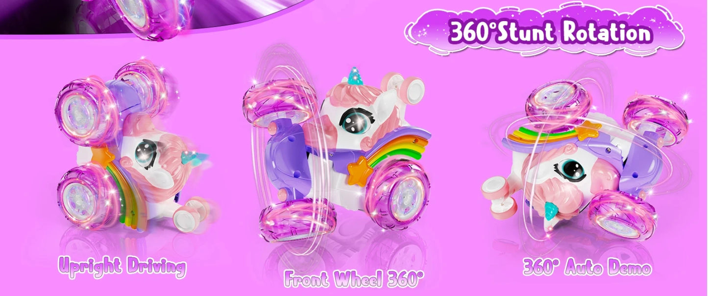 Unicorn Remote Control Car for Girls, 360° Rotating 4WD Stunt RC Cars with Cute Lights