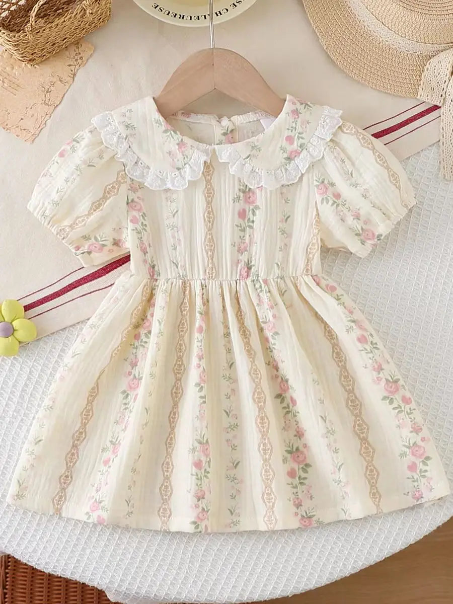 Baby Girl Summer Dress, Woven Crinkle Fabric Lapel Ruffle Waist Printed Short Sleeve Dress