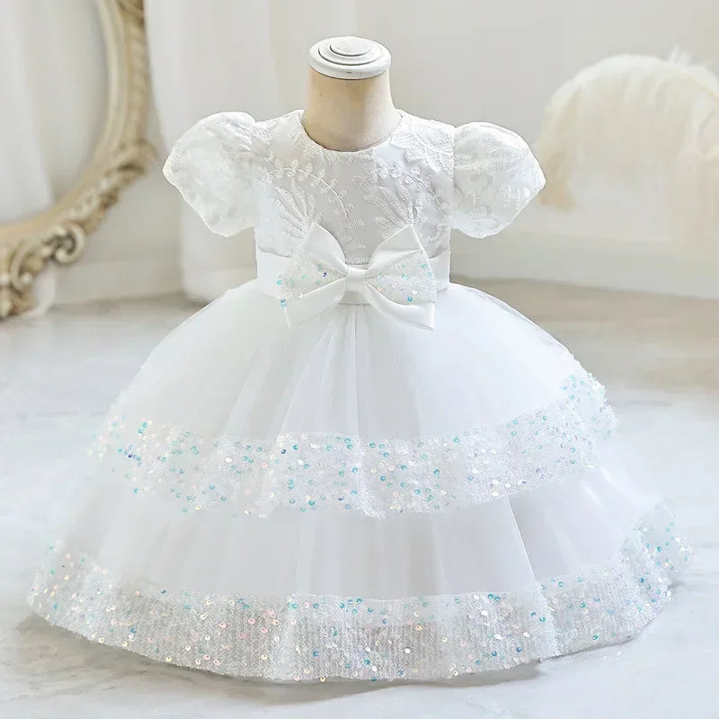 Fashion Bow Girls Party Dresses Cotton Short Sleeve Bridesmaid Dress