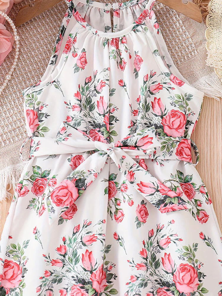 Girls' Summer Romantic Floral Pattern Spliced Dress