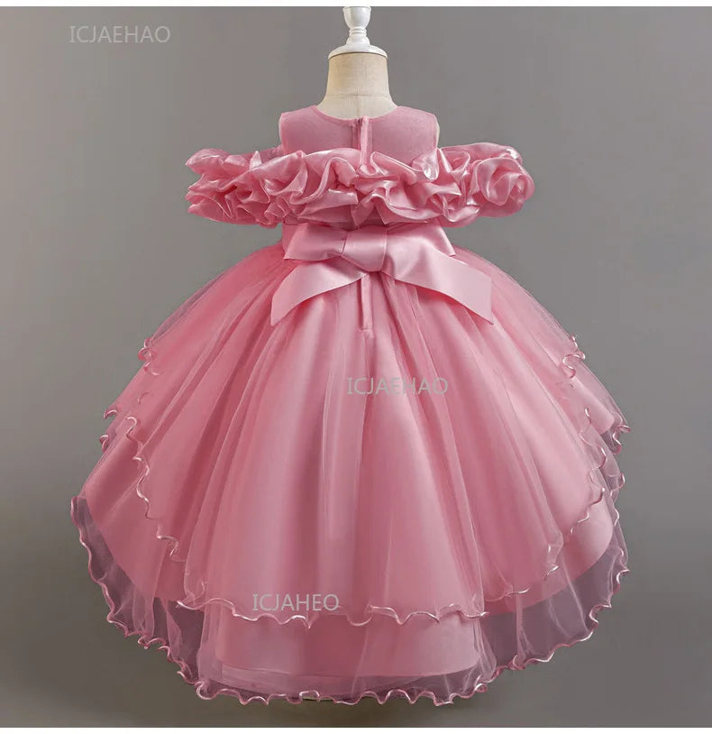 Girls Flower Girl Dress with Train Tulle Princess Gown Christmas Birthday Party Pageant Formal Dresses Kids Children Clothing