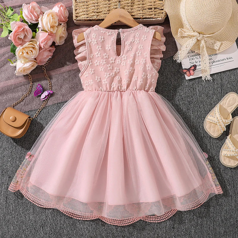 Dress For Girls Yellow O-Neck Fly-Sleeve Tulle Bowknot