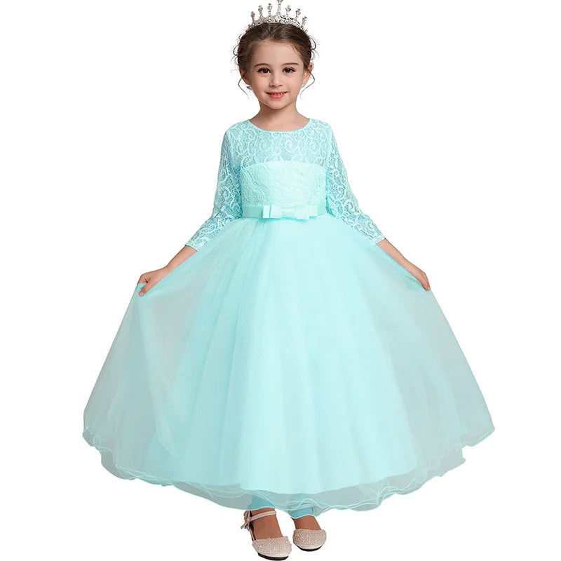 Girl's bow long sleeved princess dress 4-14 years old lace long mesh dress