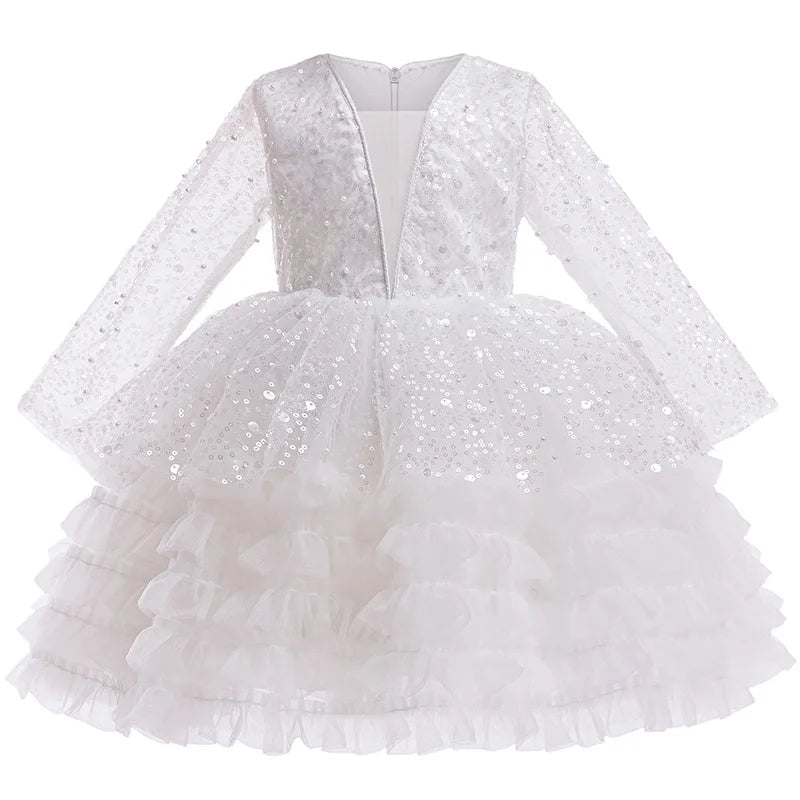 White Costume for Girls Puffy Dress Long Sleeve Sequin Evening Dress