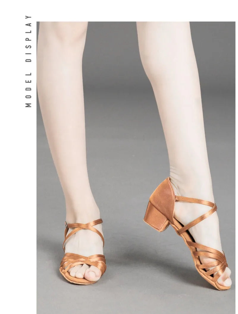 Girls Latin Dance Shoes Low Heel Soft Sole Beginner Kids Ballroom Practice Training Stage Girls Performance Dancing Footwear