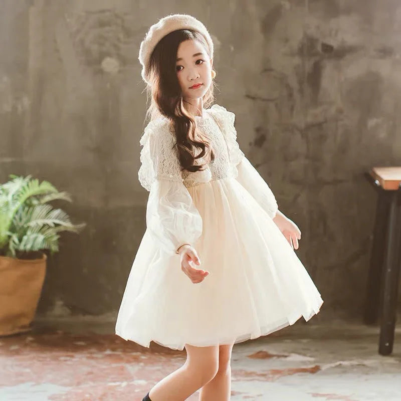 Spring Autumn Kids Girls Dresses Lantern Sleeve Lace Princess Dress