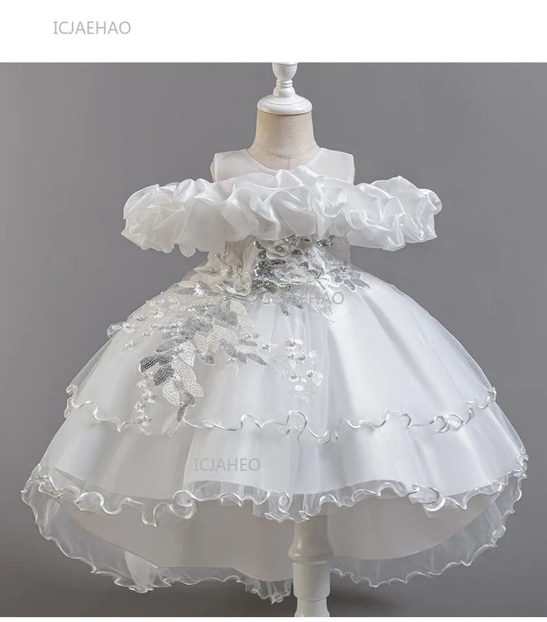 Girls Flower Girl Dress with Train Tulle Princess Gown Christmas Birthday Party Pageant Formal Dresses Kids Children Clothing