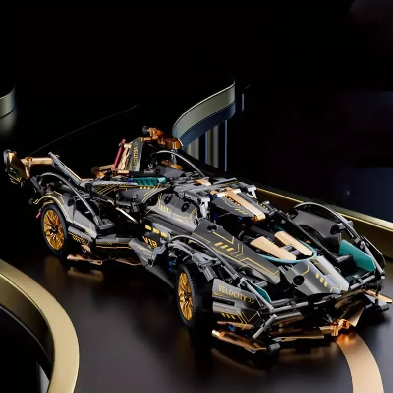 1690 Super Building Block Racing Car, V12 Building Block Car, Black and Gold Accessories, Fine Desktop Wooden Model Car, Birthday Gift