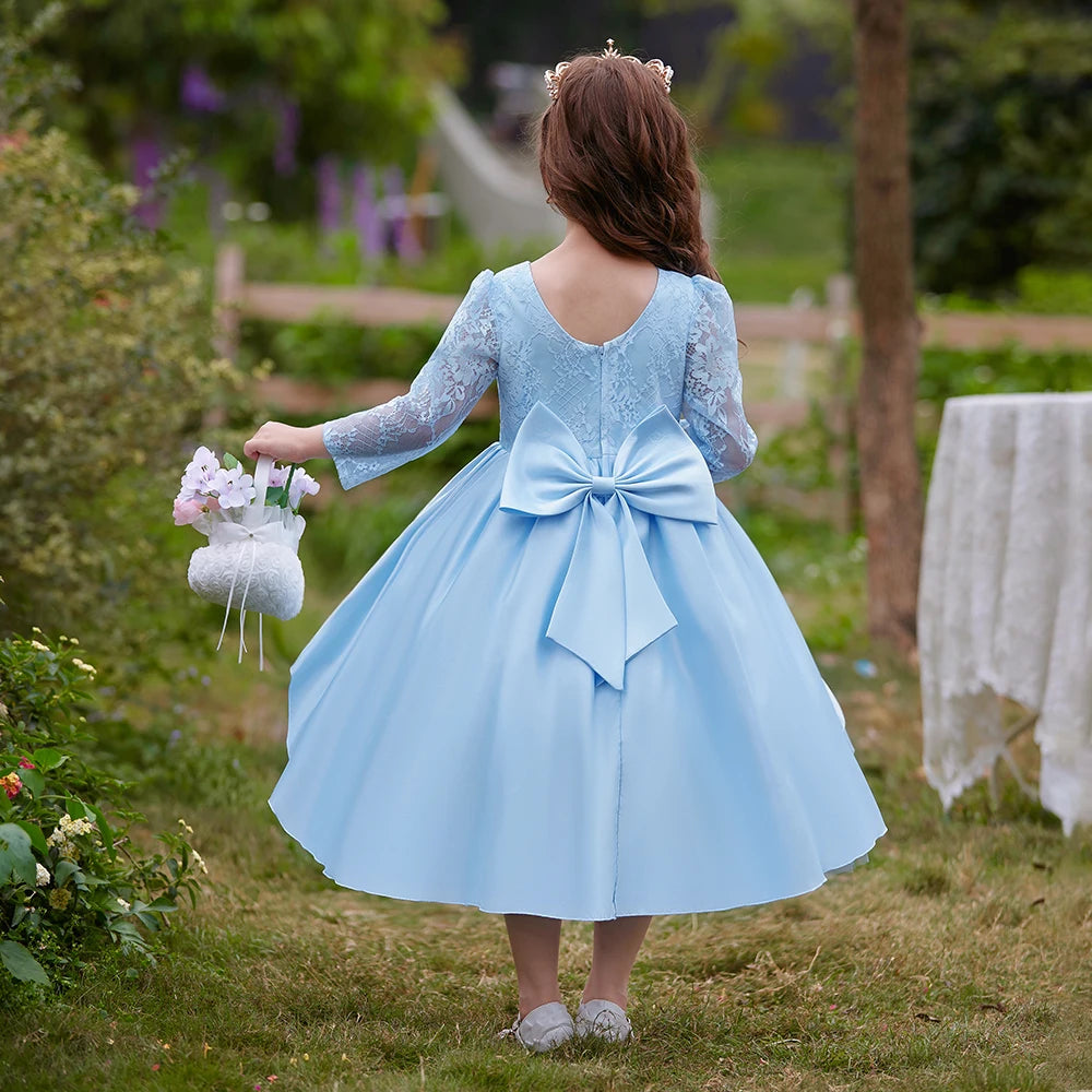 Summer White Lace Bridemaid Girl Dress Trailing Long Sleeve Flower Princess Dress