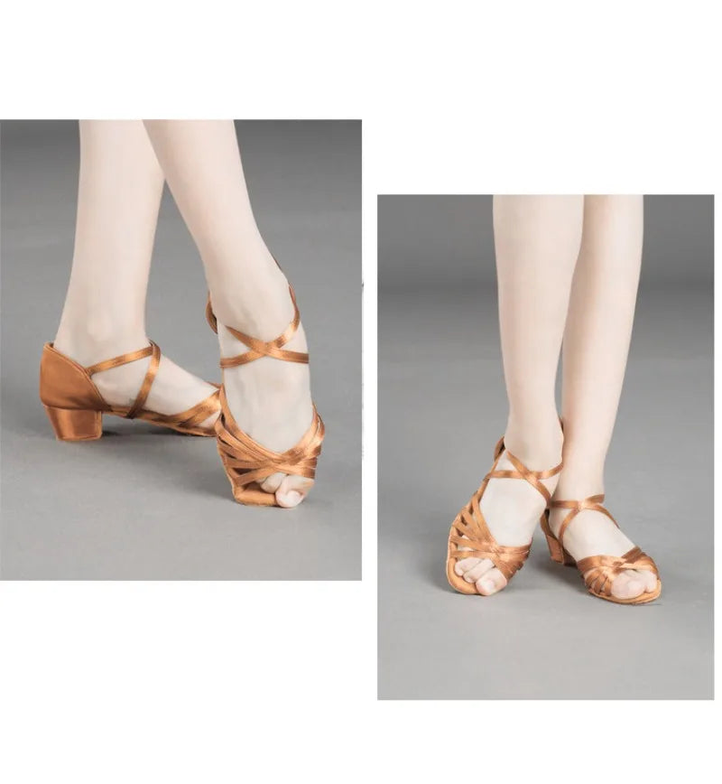 Girls Latin Dance Shoes Low Heel Soft Sole Beginner Kids Ballroom Practice Training Stage Girls Performance Dancing Footwear