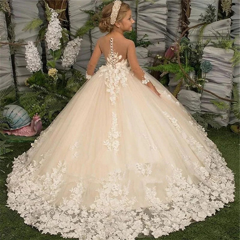 Elegance Flower Girl Dress Three Quartersleeve Appliqué Children Wedding Party Dress