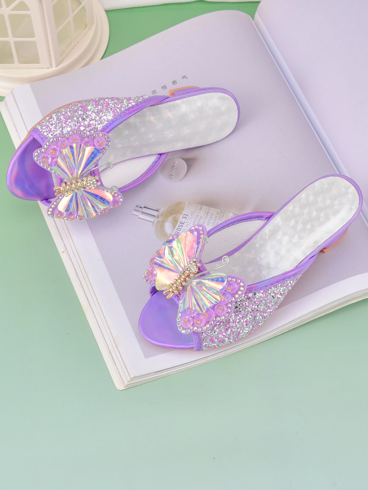 Girl's princess high-heeled slippers with bow and crystal design, children's shoes