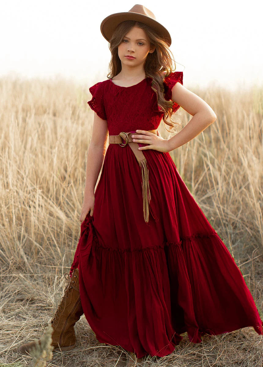Girls Lace Bohemia Long Dresses Baby Kids Flower Wedding Princess Dress