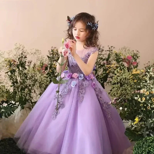 Girls Wedding Flower Girl Dress Sheer Neckline Floral Embroidered Tulle Gown 3D Flower Party Dress