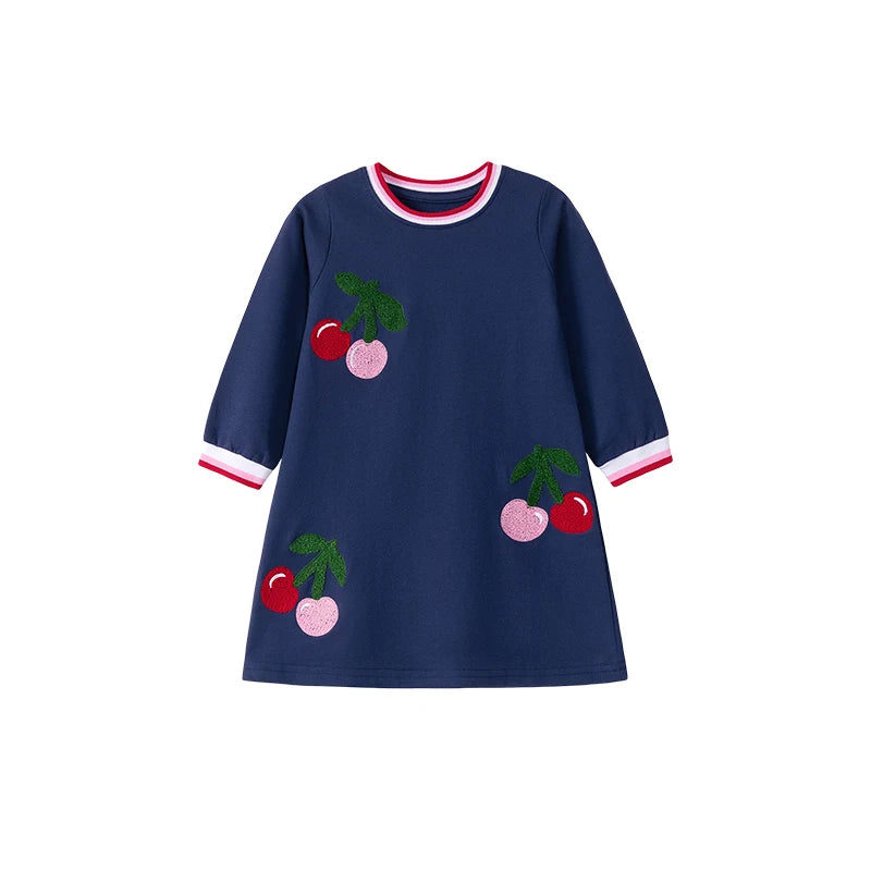 Little maven Spring Autumn Cute Cherry Towel Embroidery Baby Girls Dresses