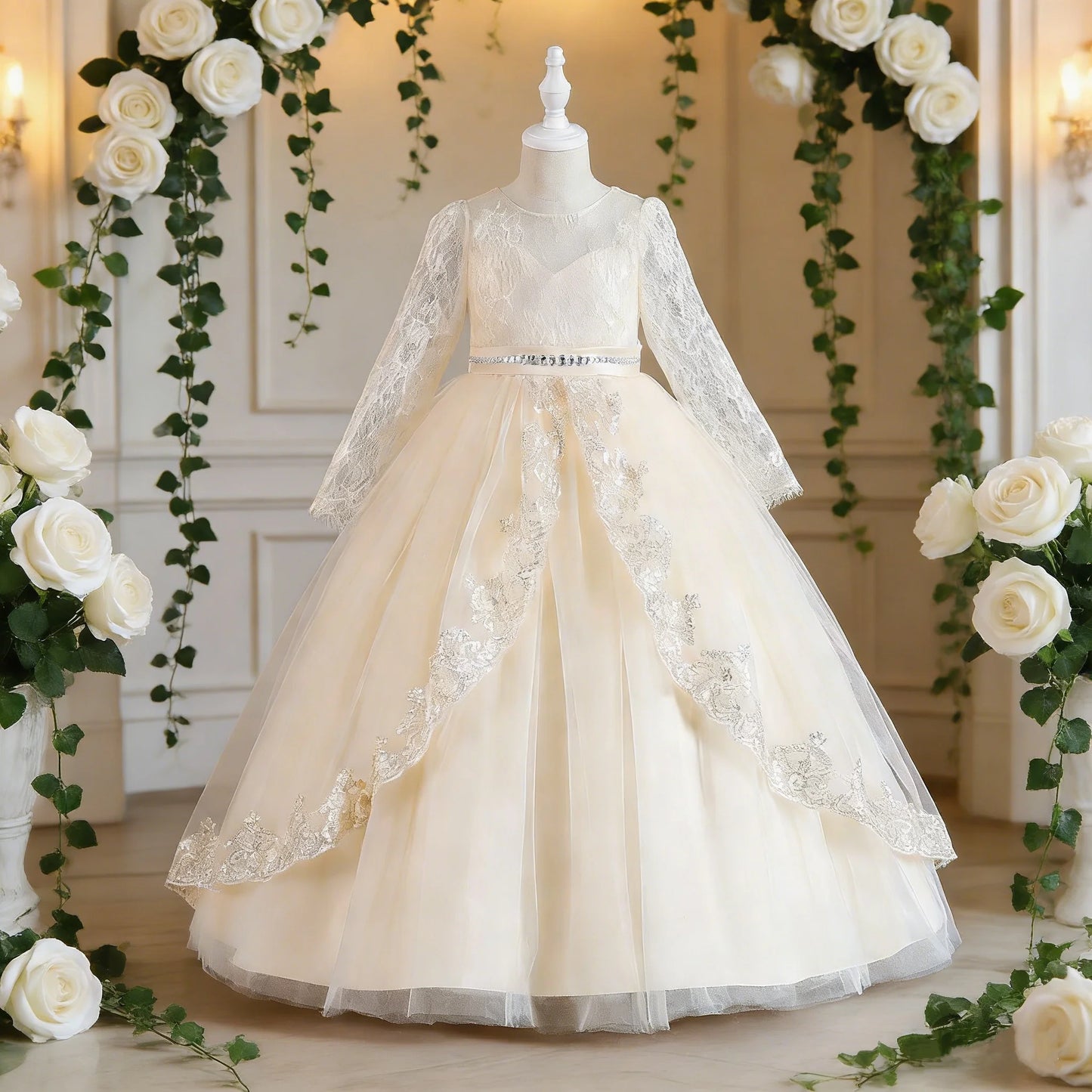 Kids white long sleeve lace elegant girls princess dress