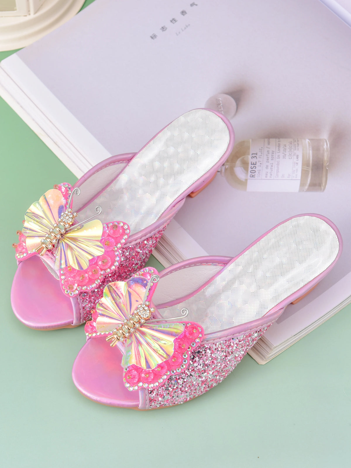 Girl's princess high-heeled slippers with bow and crystal design, children's shoes