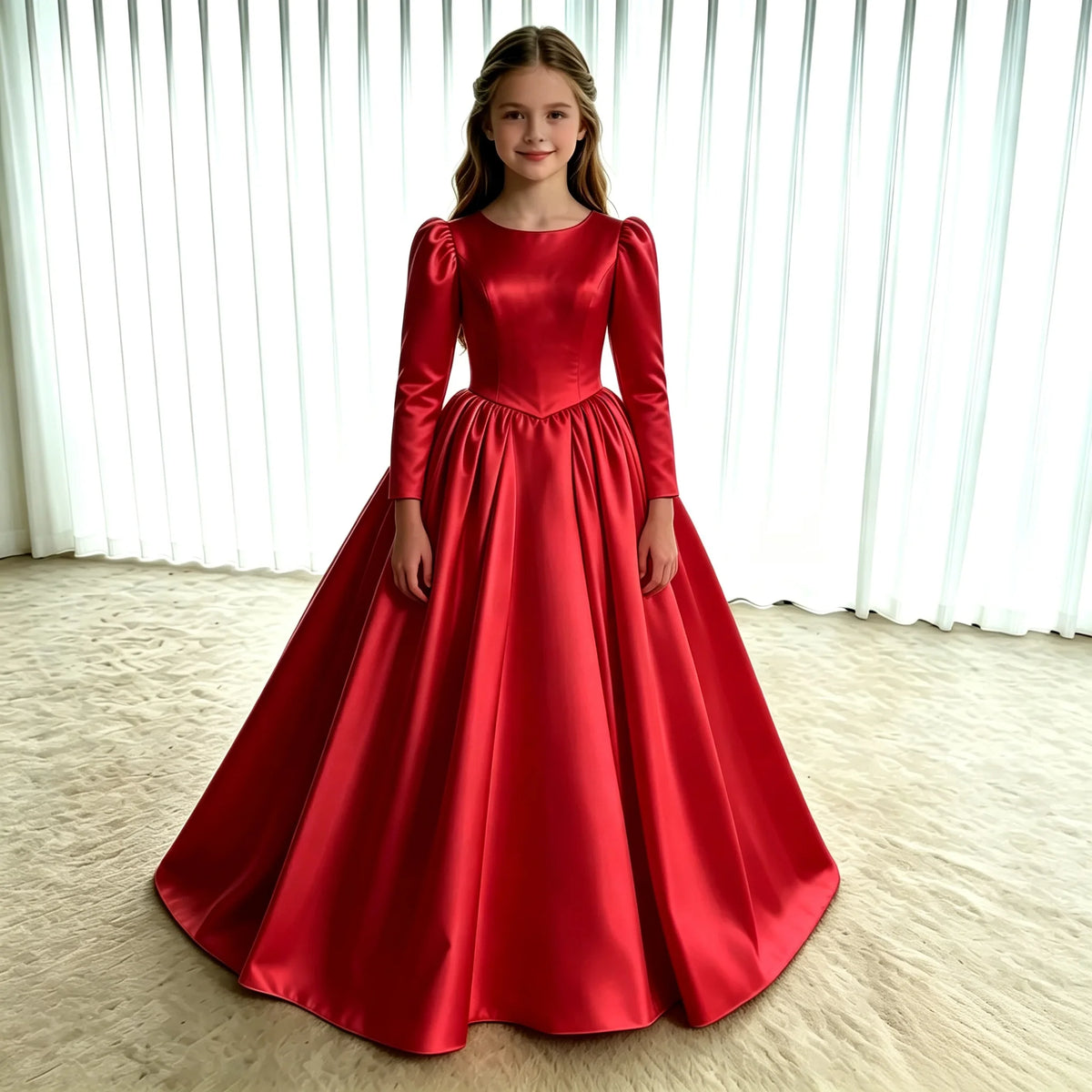 Girls First Communion Dress New Long Sleeves Satin Elegant Tail Evening Gown Girls Wedding Party Princess Dress for Juniors