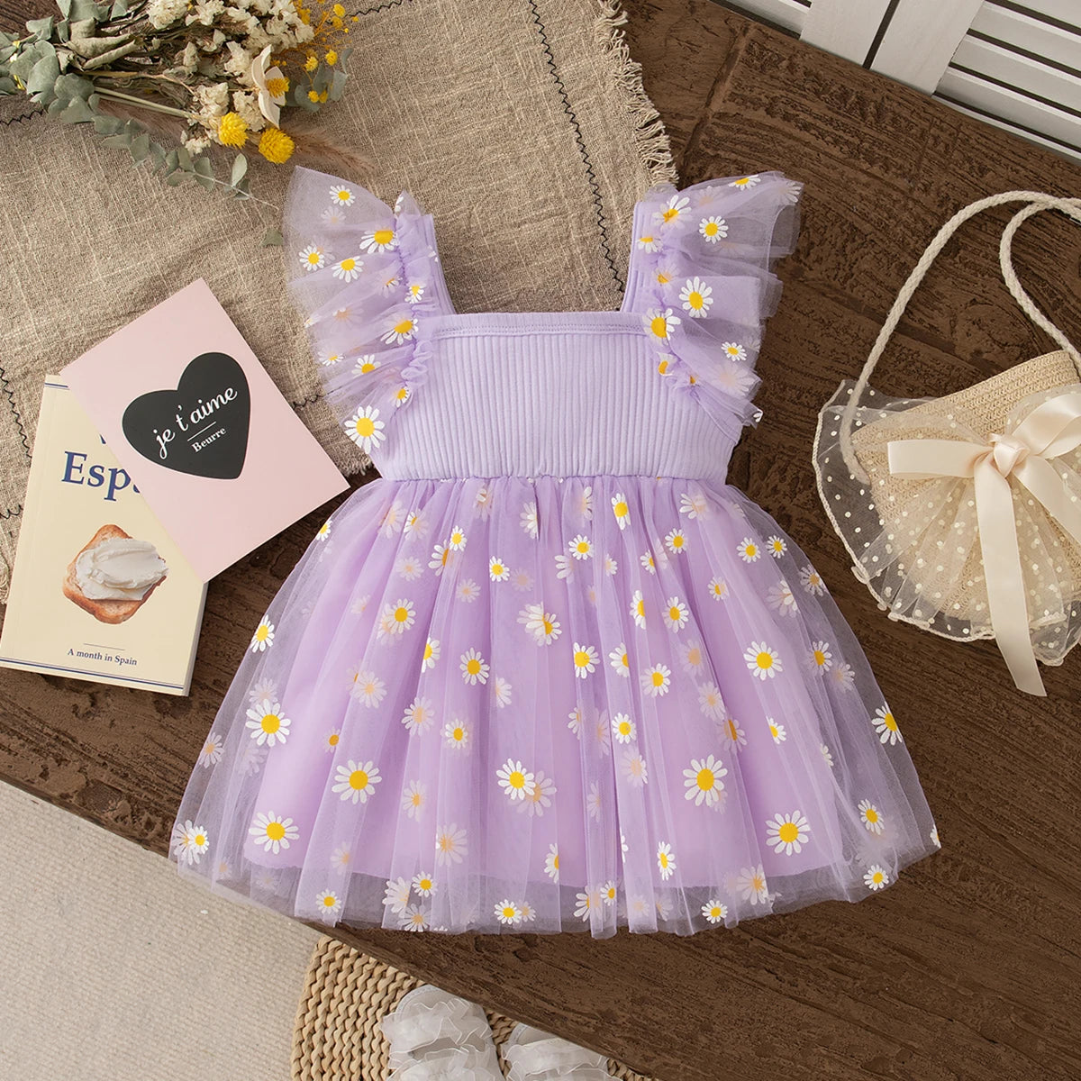 Baby Girl Dress Fashion Daisy Print Mesh Princess Dress Soft Comfortable Baby Outing Dress