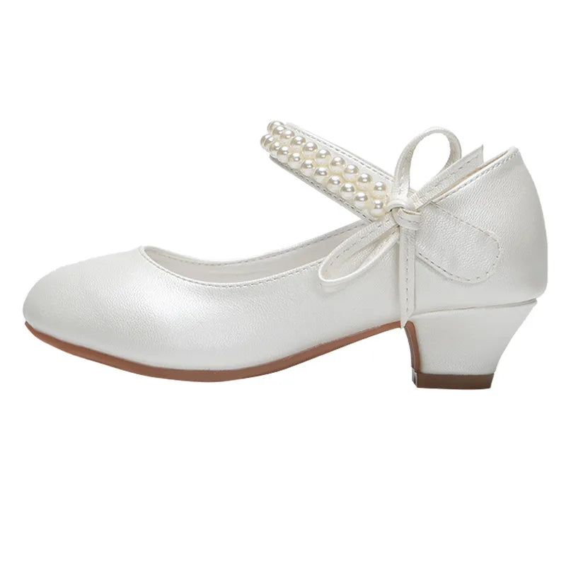 Girls' High-heeled Leather Shoes Spring Children's High-heeled Middle-aged Kid's White Wedding Host Show Princess Dress Shoes