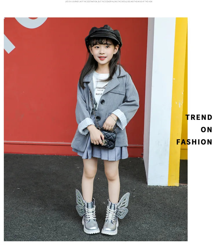Girls Boots 2025 New Autumn Winter Fashion Butterfly Princess Botas Casual Non-slip Ankle Boots Silver Patent Leather Kids Shoes