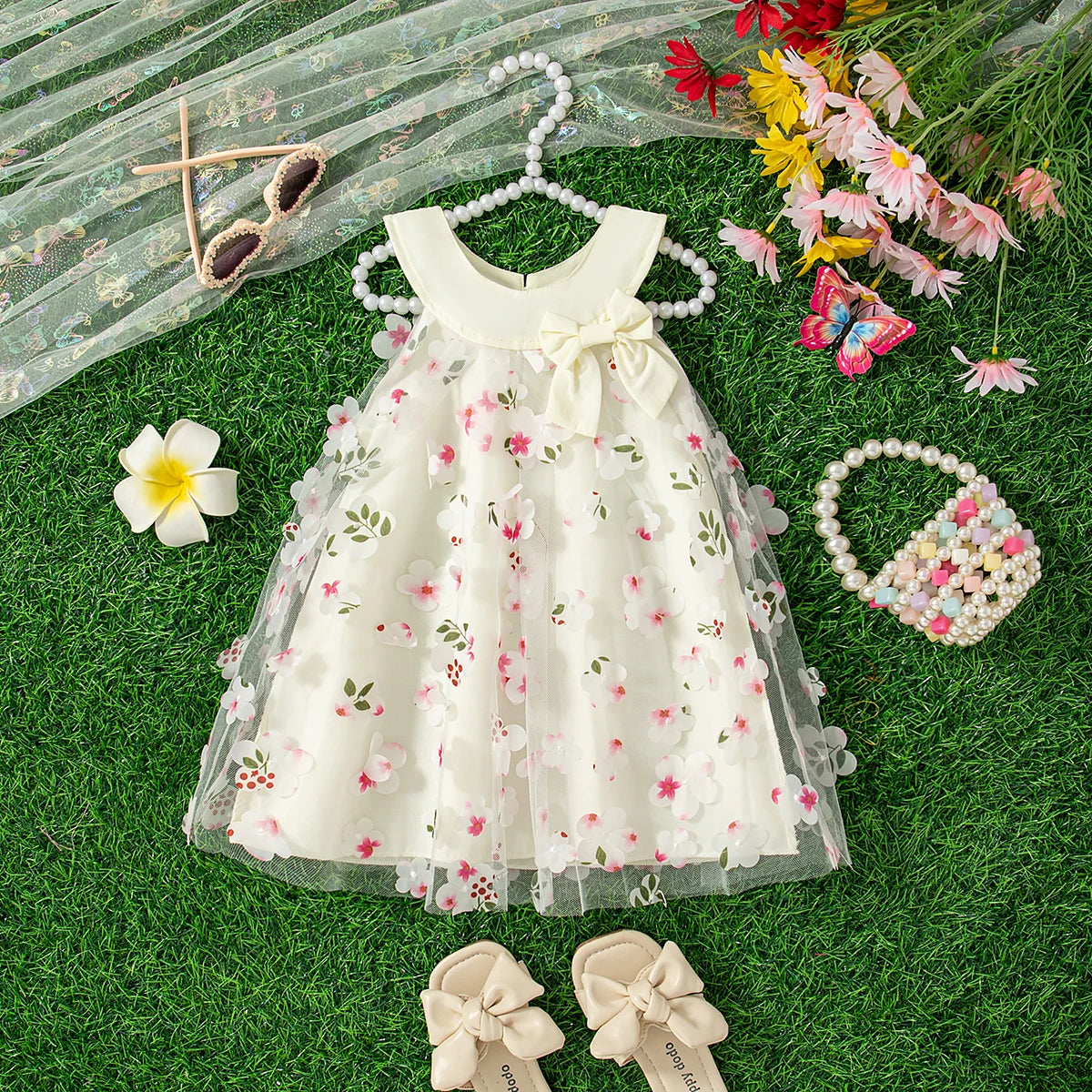 (0-3 Years Old) Summer Mesh All Over Flower Bow Baby Girl Dress