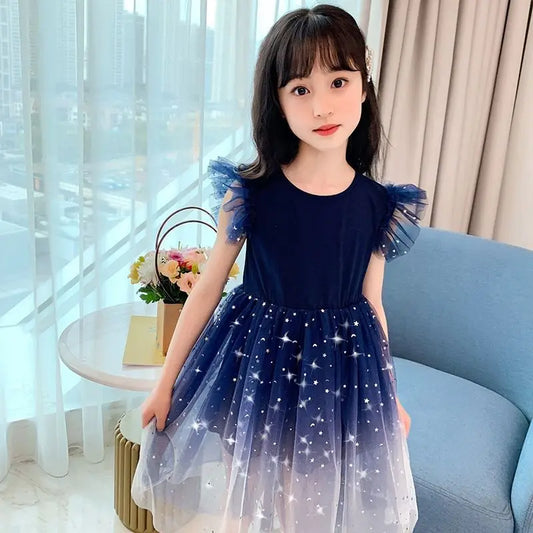 Summer Sleeveless Fashion Gauze Dress Girls Starry Sky Gradient Princess Dress