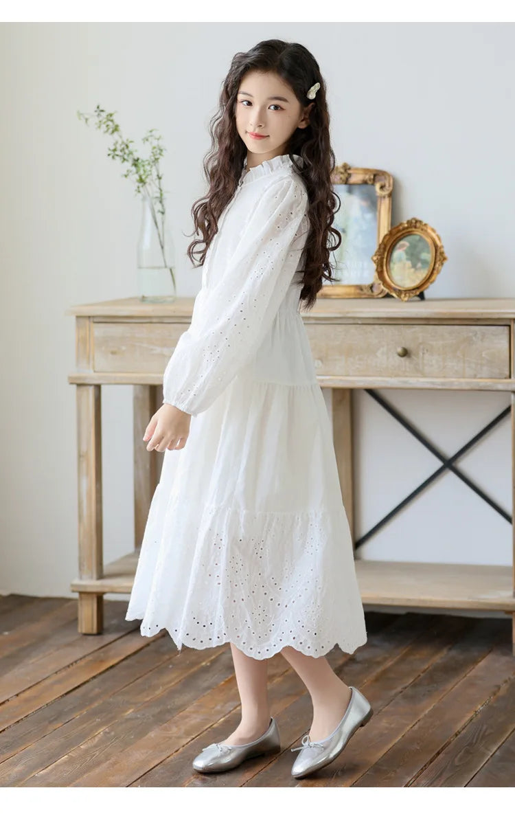 2026 spring hollow Dresses White kid baby party mesh princess Girls  dress