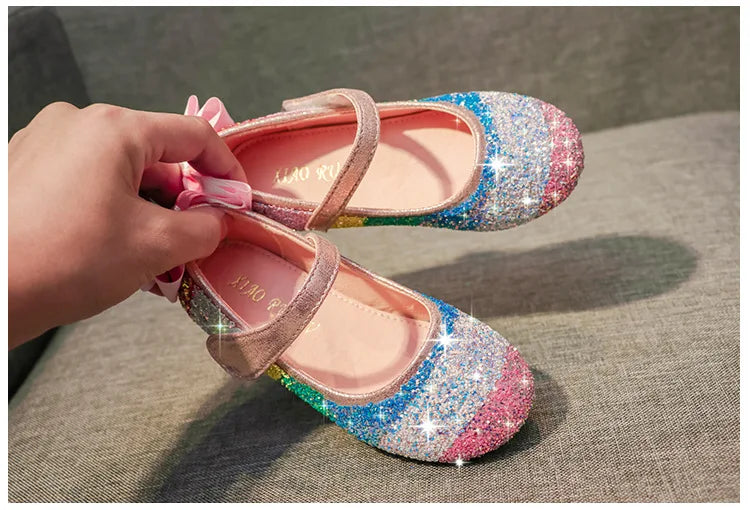 Girl Shoes Spring New Girls Soft Sole Leather Shoes Rainbow Sequins Dress Princess Shoes Kids Shoe Mary Jane Shoe Zapatos Niña