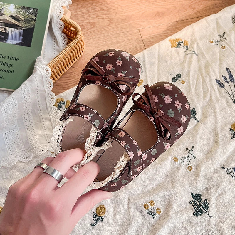 Spring Girl's Princess Shoes Floral Adorable Versatile Kids Flat Shoe Round Toe Soft Comfy Trendy Children Mary Janes 21-32