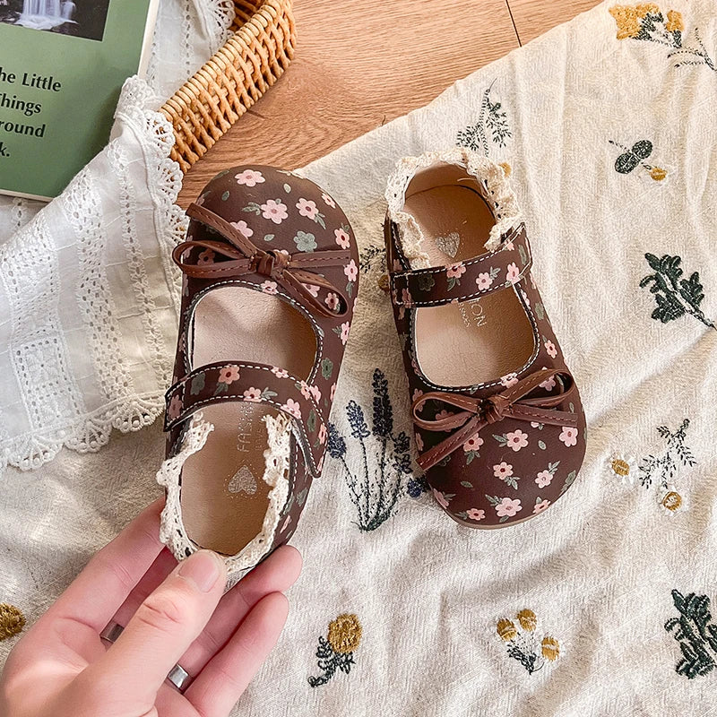 Spring Girl's Princess Shoes Floral Adorable Versatile Kids Flat Shoe Round Toe Soft Comfy Trendy Children Mary Janes 21-32