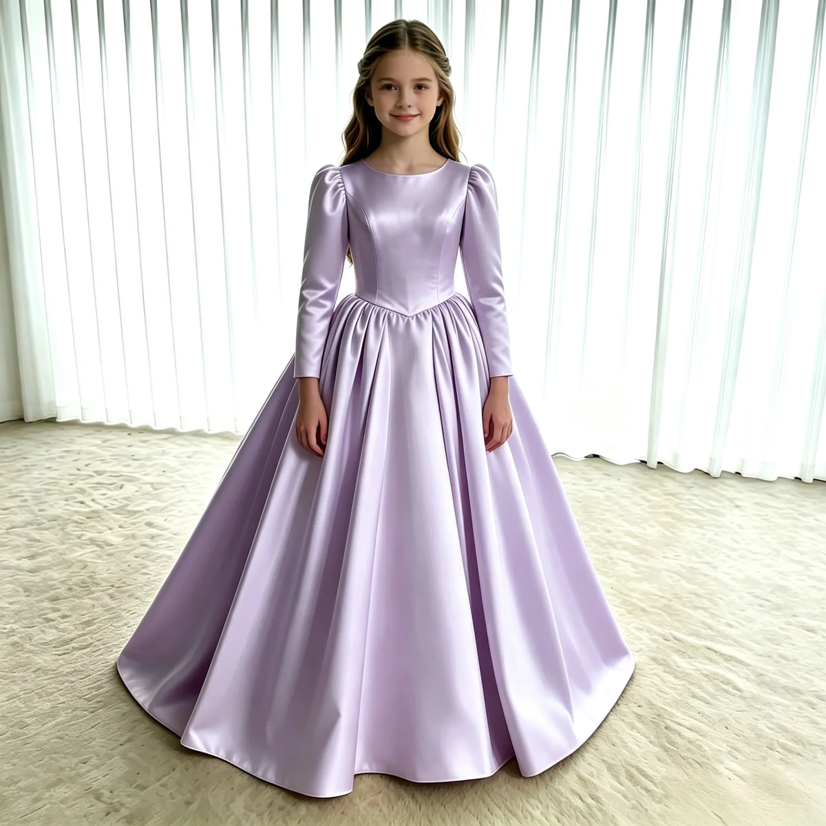 Girls First Communion Dress New Long Sleeves Satin Elegant Tail Evening Gown Girls Wedding Party Princess Dress for Juniors