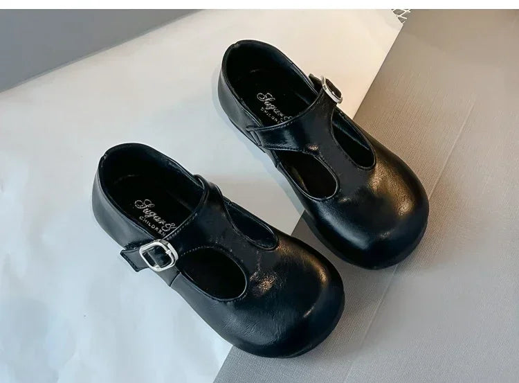 Girls Princess Shoes Black Round Toes 2025 New Fashion Kids Performance Shoes Pu Leather Non-slip Children Flat Shoes Hook&loop