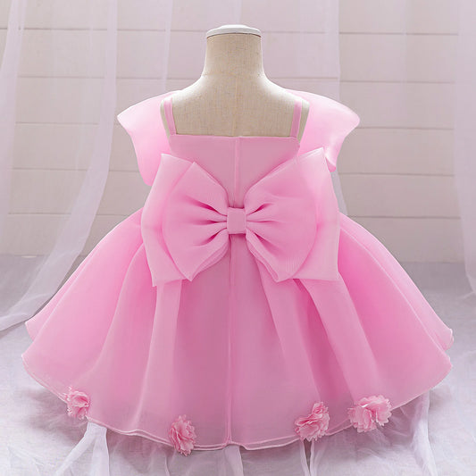 Baby girl pink sweet dress with big bow design young girl dress