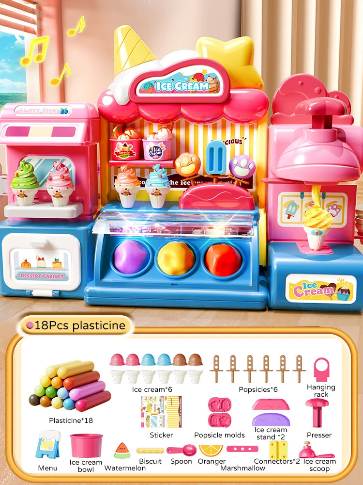 Children Ice Cream Toy for Girl Play Dough Color Machine With Music and Light Boy Toy Food Fake Kids Supermarket 3 Years Gifts