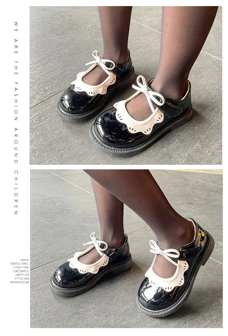Girl's Princess Shoes Wine Red Black Ruffles Elegant Patent Leather Bowknot Children Flat Shoes 21-35 Toddler Kids Single Shoe