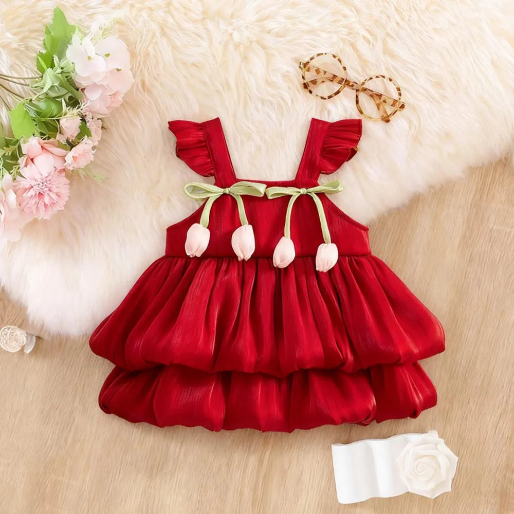 Baby Girl Dress Summer Solid Color Flower Small Fly Sleeve Girl Dress