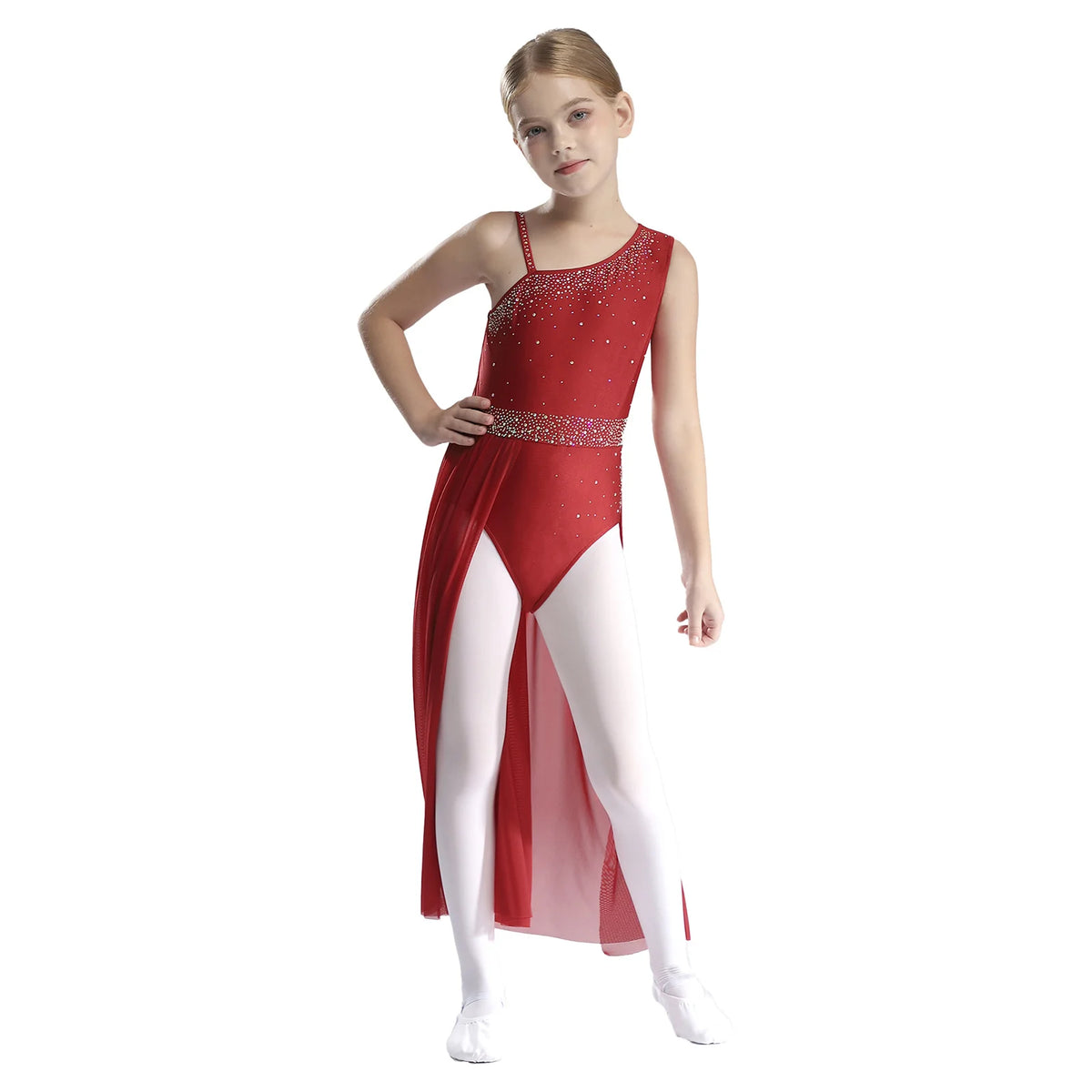 Girls Delicate 3D Flower Lyrical Dance Dress Asymmetrical Ruched Long Dress Gymnastics Modern Dance Clothes Performance Dress