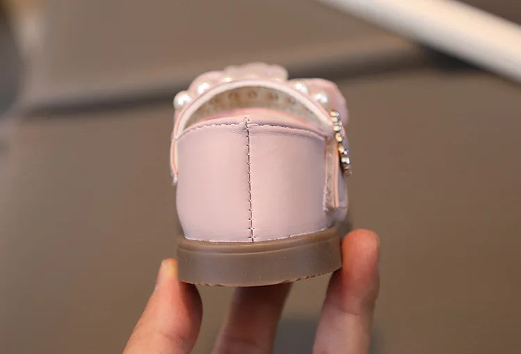 Baby Girl Leather Shoes Kids Bow Pearl Princess Shoes Shallow Soft Sole Cute First Walkers Infant Toddler Cartoon Single Shoes